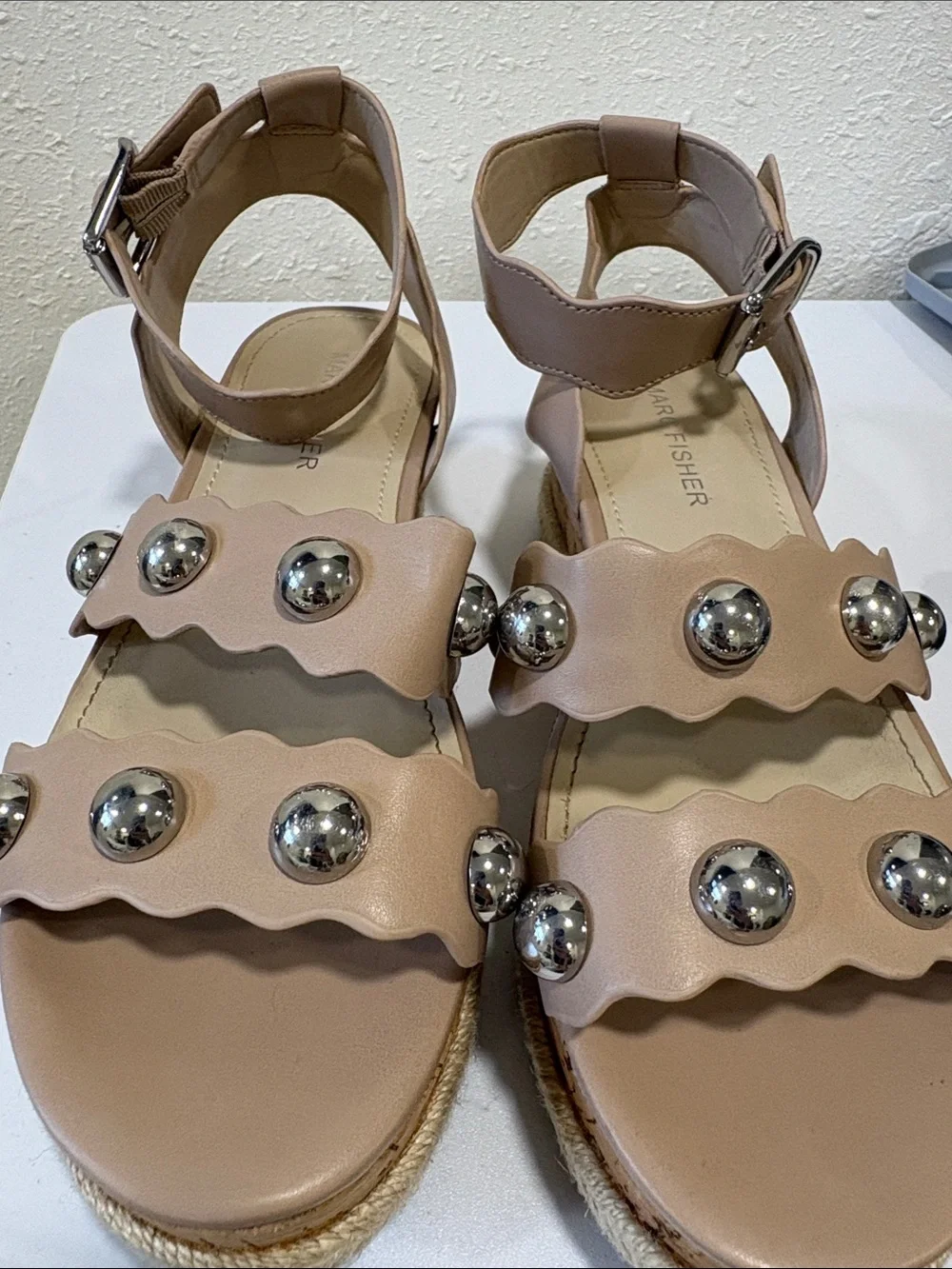 Marc Fisher Nude Tan Platform Studded Espadrille Sandals